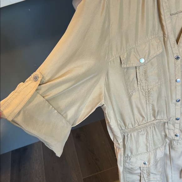 Michael Kors 100% Silk Khaki Shirt Dress Roll Tab Sleeves Size XL - Picture 6 of 13